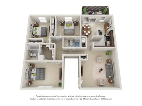Floor plan for 3 beds, 2 baths, 1285 sqft